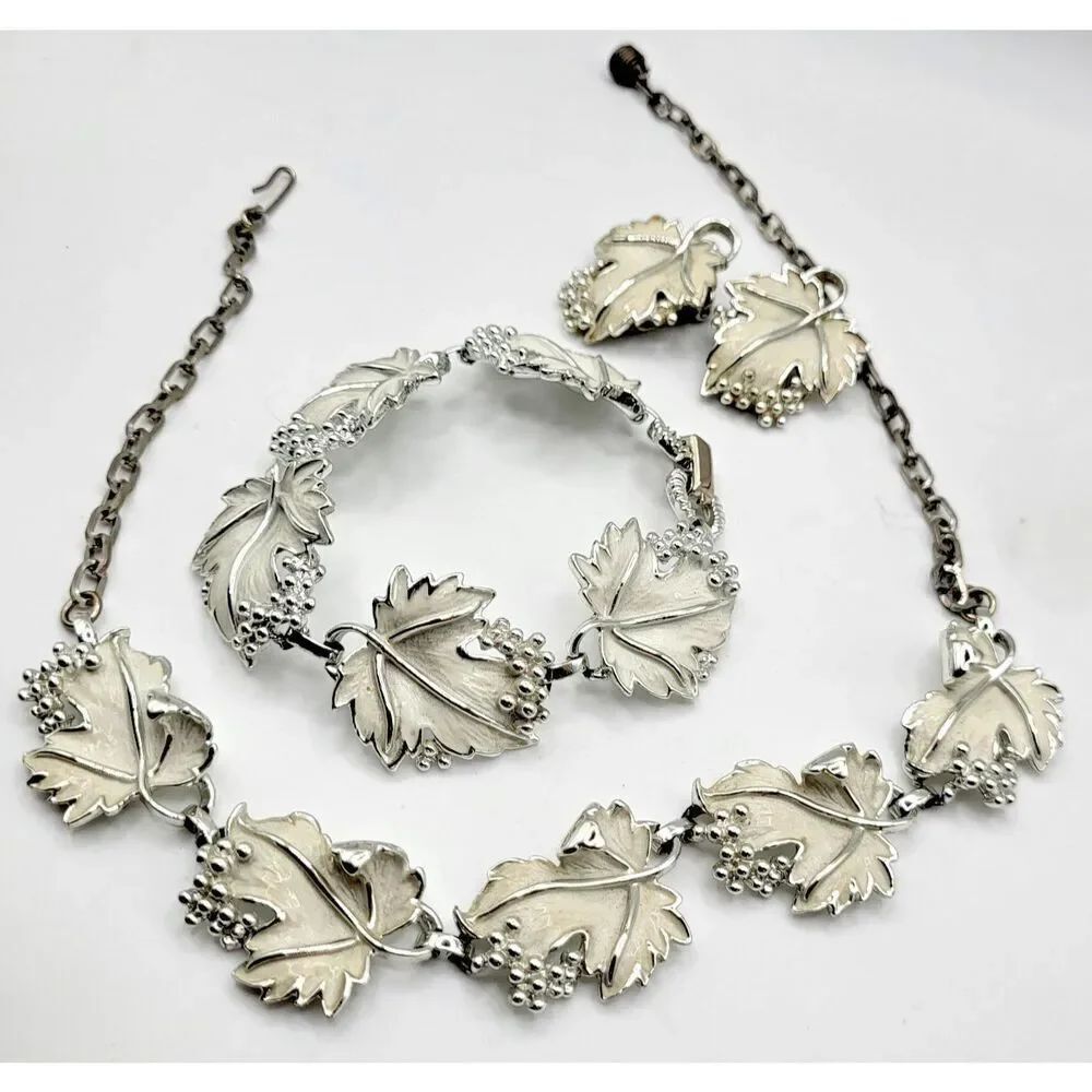 Vintage Sarah Coventry “Whispering Leaves” Set 1959 White Enamel Grape Leaves